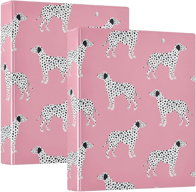 Black Dot Dalmatian Dog Pink Binder 1.5 Inch Binder with Clipboard&Pockets, Hardcover Binders 3 Ring, Heavy Duty Large File Folder for Office School Supplies - Holds 200 Sheets, 2 PC