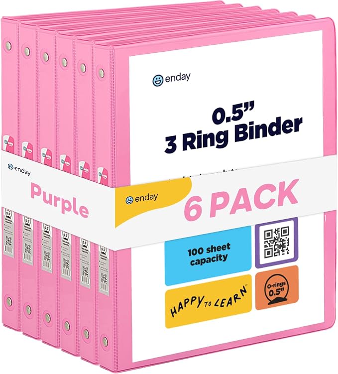 Enday 1/2 inch Binder 3 Ring Binder (6 Pack - Pink) O-Ring Binder with Clear View Cover and 2 Inside Pocket - for Letter Size 8.5 x 11'' Paper, Ideal for School Supplies, Office, and Home