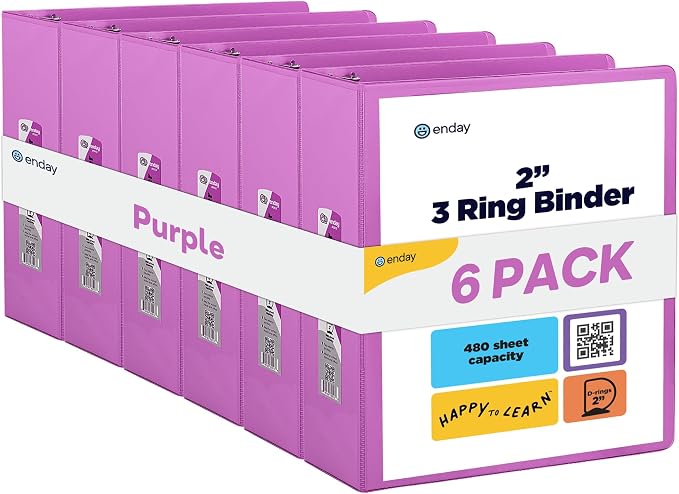Enday 2 inch 3 Ring Binder (6 Pack - Purple) Binder 2 inch with Clear View Cover and 2 Inside Pocket - for Letter Size 8.5 x 11'' Paper, Ideal for School Supplies, Office, and Home
