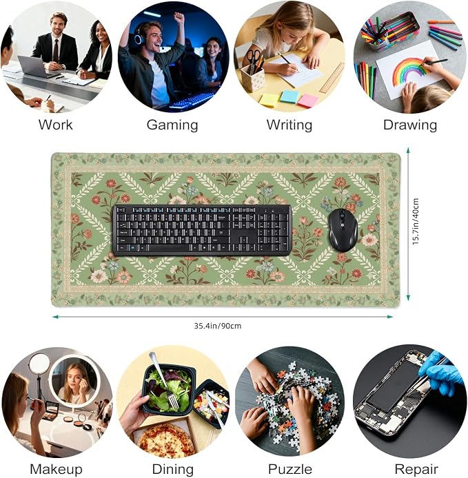 XXL Large Floral Mouse Pad - Sage Green Flower Desk Mat with Stitched Edges & Anti-Slip Base, Computer Keyboard Mat for Office & Home, Desk Decor for Women