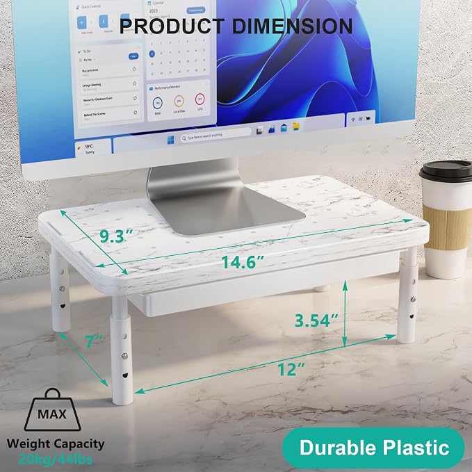 WALI Computer Monitor Stand with Storage, Monitor Riser 3 Height Adjustable | Laptop Riser with Airflow Vents, Desk Organizer for Computer, Printer, Notebook (PTT002-M), 1 Pack, Marble