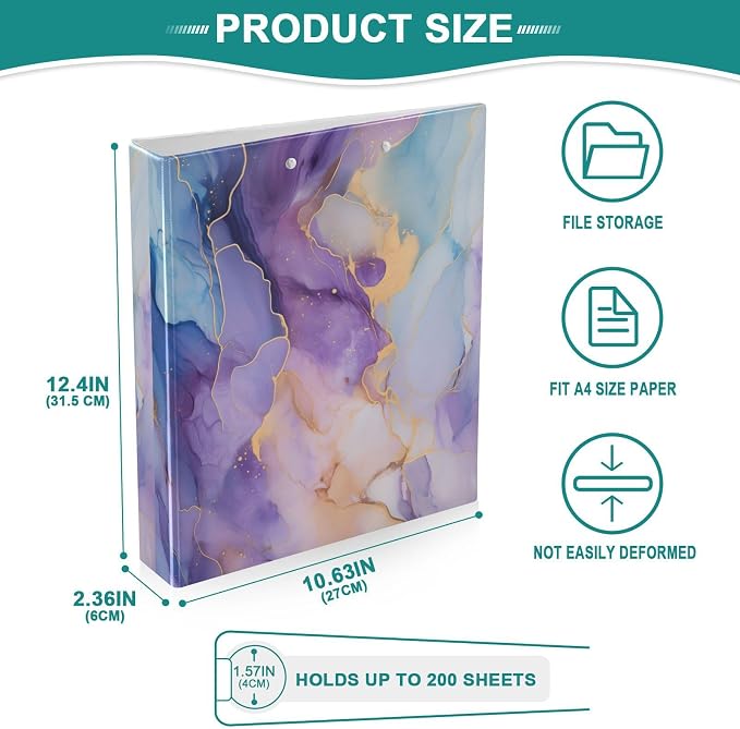 3 Ring Binder, Marble Blue Purple File Folder Holds 200 Sheets File Storage for Women Men School Office Supplie