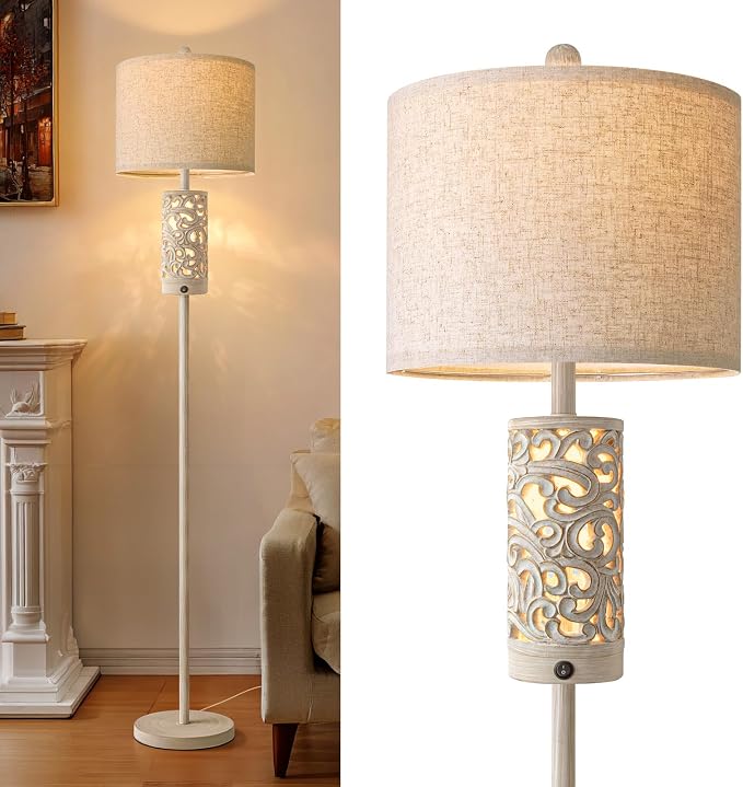 65“ Farmhouse Floor Lamp for Living Room, Rustic Floor Lamp with Main&Night Light,Linen Shade&Dual Switches, Standing Lamp for Bedroom Office Corner Dining Room, Wood Pole Lamp