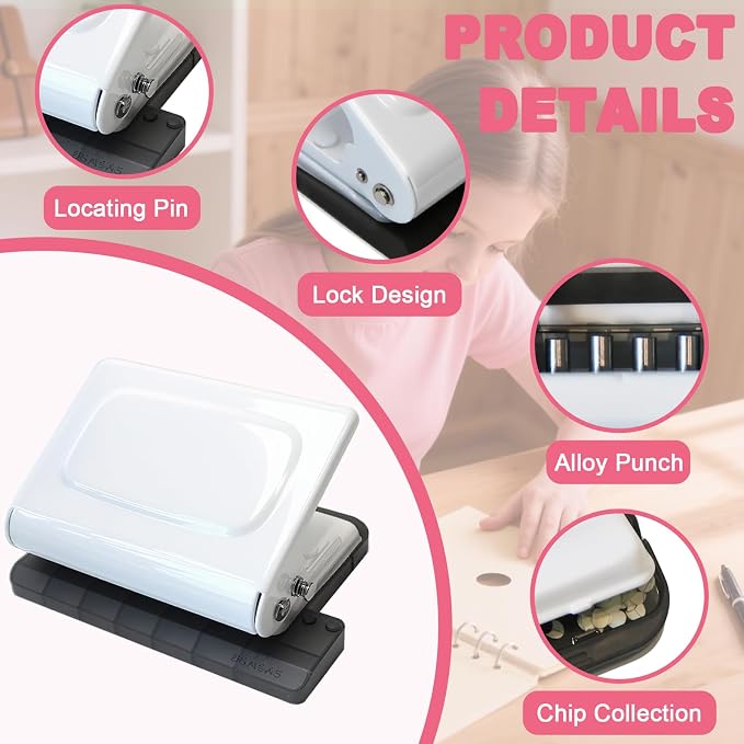 10 Hole Punch Binding Machine for Planner, Manual Binding System with 10 Multi-Color Binder Rings for Making 26 Holes on B5, 30 Holes on A4, 20 Holes on A5 Book, 10 Sheet Capacity - White