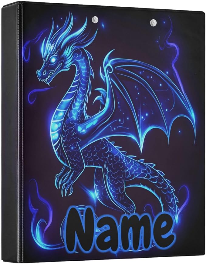 Custom 3 Ring Binder Dragon Blue Black 1.5" Round Ring Binders Personalized Name View Binder with 200 Sheet for Kids School Supplies Women Men Office, 1 Pack