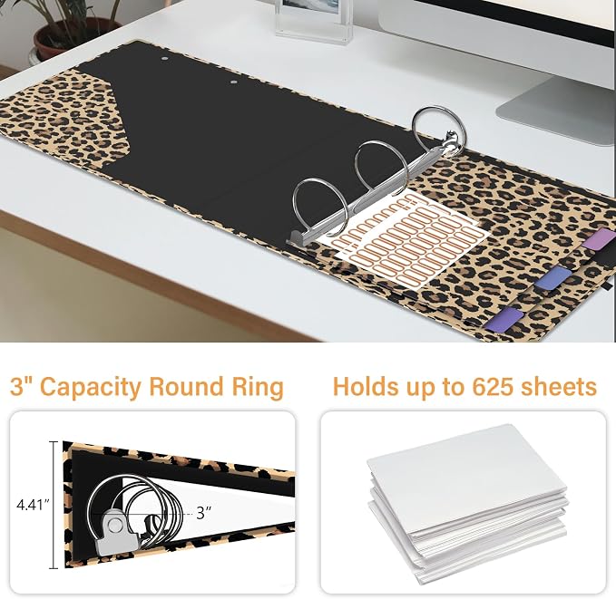 3 Ring Binder 3 Inch Ring, Three Ring Binders for Letter Size 11" x 8.5" with 6-Tab Dividers, 2 Pockets, Binder with Clip for School and Office Supplies-Cheetah Spots
