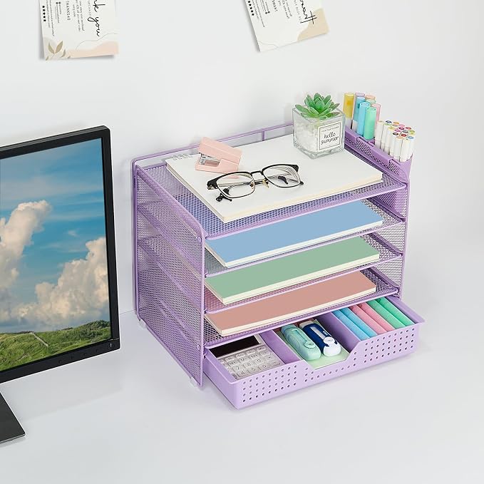LEKETREE Desk Organizers and Accessories, 5-Tier Paper Letter Tray Organizer with Drawer & 2 Pen Holders, Desktop Organizer for Office Supplies (Purple)