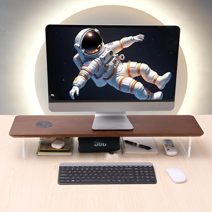 SUIBIAN Elegant Wood & Acrylic Monitor Stand with 15W Wireless Charging – 31.5" Large Desk Riser for Ergonomic View, Desktop Organizer, Laptop & PC | Modern Floating Design(Walnut Wood)