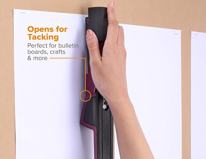Bostitch Office Epic Metal Desk Stapler, 25 Sheet, Staple Remover, Purple | Die-cast body opens 180 degrees for bulletin boards, with a temporary stapling option and a hidden slot for backup fasteners.