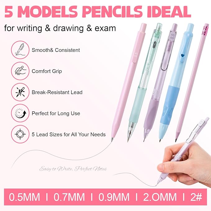 Eersida 47 Pcs Aesthetic School Supplies with Cute Pen Case, Mechanical Pencils 0.5mm, 0.7mm, 0.9mm & 2.0mm with Leads and Eraser Refills, Wood Pencils #2, for Writing, Drawing & Drafting (Pink)