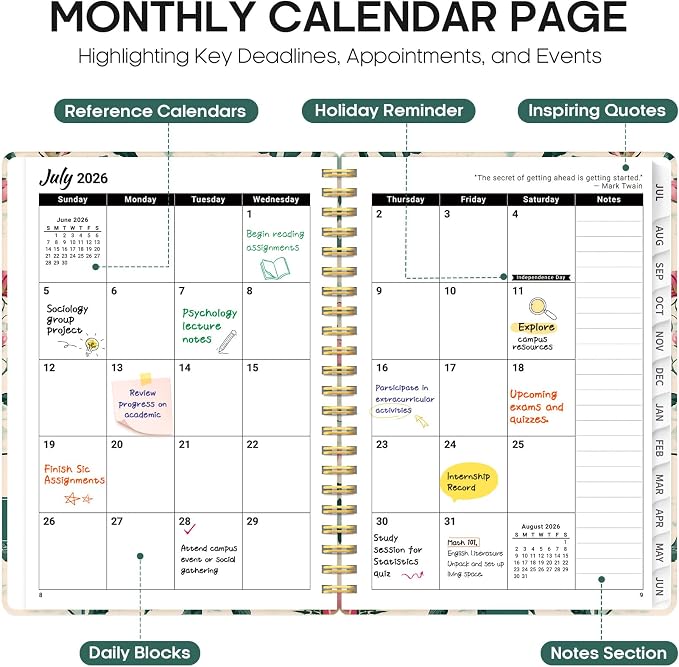 Taja Planner 2026-2027, Jul 2026-Jun 2027 Monthly & Weekly Calendar Planner | 6.3" x 8.5", Hardcover Academic Calendar, Teacher Student Agenda Book with Tabs, School Office Supplies, Blush Peony