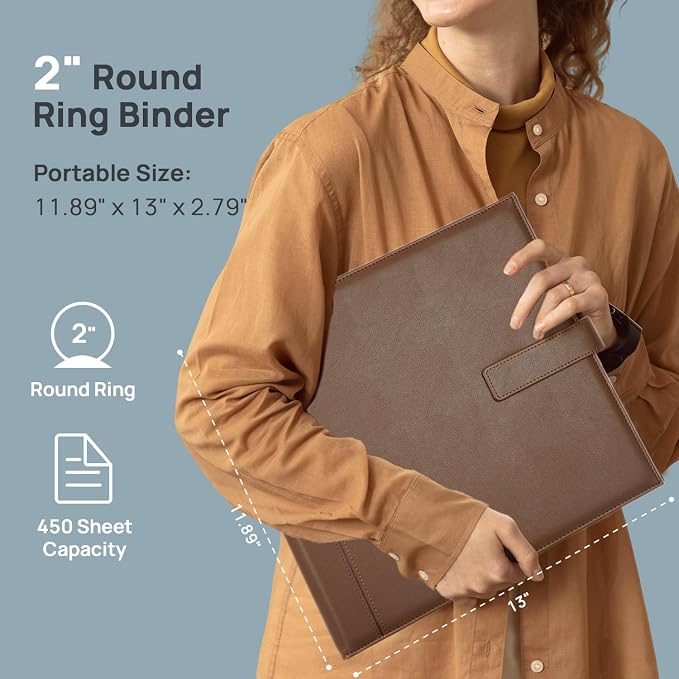 POPRUN 2 Inch PU Leather Portfolio Binder, Letter Size, Brown | 2" Ring, Letter Size, PU Leather, Dividers, Document Organizer, Business, Meetings, Office