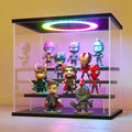 LANSCOERY Acrylic Display Case with RGBW Lights, 4 Tier Black | 11.8 x 8.9 x 11 in case displays small figures on desks or shelves with tiered rows and front access.