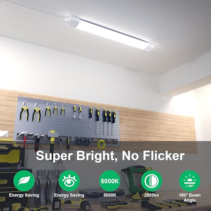 Modlicht LED Shop Light Fixture, 2FT Linkable 18W Plug in Wall Light, 5000K Closet Light for Workbench Kitchen Basement, Under Cabinet Lighting, LED Tube Light Fixture with Plug, Triproof, White
