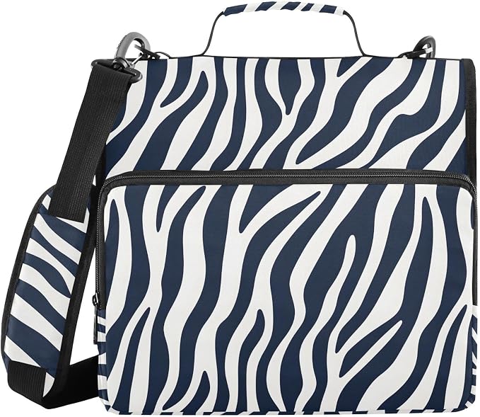 Blue White Zebra Print 3 Ring Binder Bag 1.5 inch Binder Organizer with Zipper Shoulder Strap 500 Sheet Documents Storage for School Office