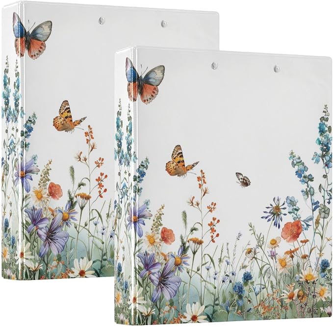 3 Ring Binder, Wildflowers Butterflies Botanical File Folder Holds 200 Sheets File Storage for Women Men School Office Supplie