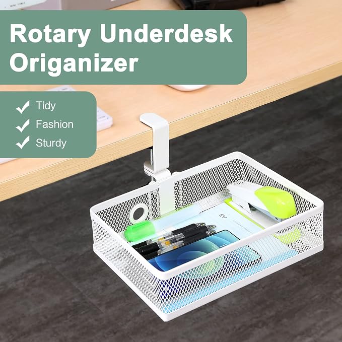 ROSYLINE Under Desk Storage Basket Hanging Drawer Tray, Clamp On Organizer | Thickened C-Clamp, High Load No Deformation Sag-Proof, Steel Construction, Clip-On No Drill Mount, Office & Household Storage