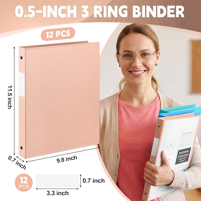 Henoyso 1/2 Inch 3 Ring Binders with Clear Front Cover and 2 Pockets, Round Ring Binders Fits 8.5'' x 11'' Letter Size Paper for School Office Supplies, 12 Pack (Assorted Vibrant Color)