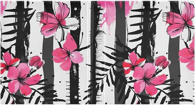 3 Ring Binder Stripes Black White Tropical Pink Flower 1.5 inch Binders Three Ring Binders with Clipboard Fit 8.5'' x 11'' Paper 3 Interior PVC Clear Pockets for Office Supplies