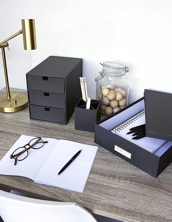 Bigso Ingrid 3-Drawer Fiberboard Desk Organizer for Office Supplies and Accessories - Stackable Makeup Drawer Organizer - 6.3in x 9.9in x 8.1in - Dark Grey