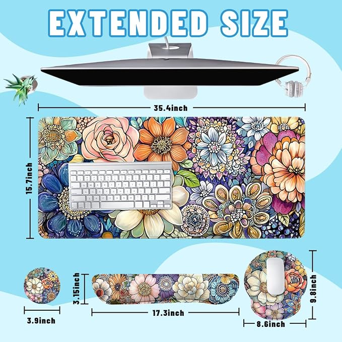 Flowers Mouse Pad Set Colorful Abstract Floral Pattern Gaming Mousepad 4in1 Desk Mat for Desktop Wrist Support Cup Coaster Set Ergonomic Computer Desk Arm Wrist for Decor Home Office