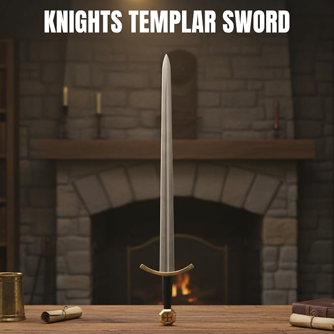 SZCO 37" Knights Templar Sword – Medieval Crusader Decorative Knight Sword with Black Leather Wrapped Handle & Matching Leather Scabbard for Adults, Cosplay & Display