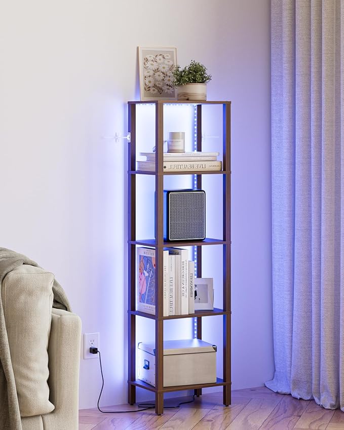 Open Book Shelf with LED Lights, 5 Tier Tall Bookshelf, Freestanding Shelf Narrow Bookcase with Open Shelves, 14.96" x 10.63" x 53.54", Book Shelves for Living Room, Office, Study, Walnut