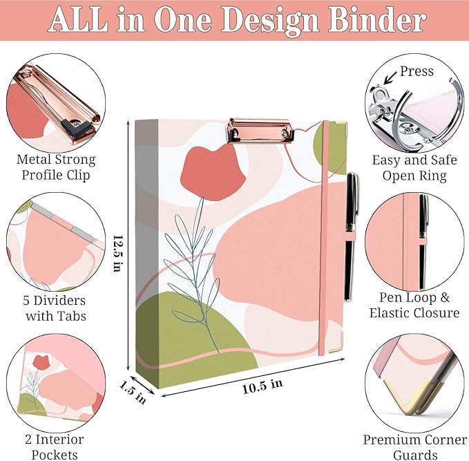 3 Ring Binder Organizer for Letter Size (8.5" x 11") with 5 Tab Dividers, File Folder Labels and Low Profile Clipboards, Portfolio Binder with 2 Pockets for School & Office Supplies