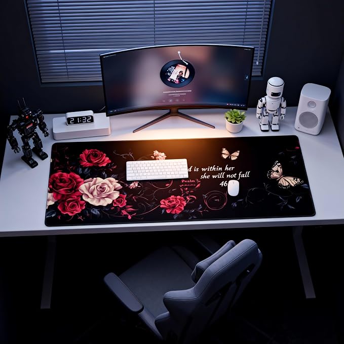 Floral Aesthetic Rose Gaming Mouse Pad, Black Red Gothic Desk Mat with Anti-Slip Base & Stitched Edges, Office & Home Desk Decor for Women, 35.4" x 15.7" in Computer Desktop Mat