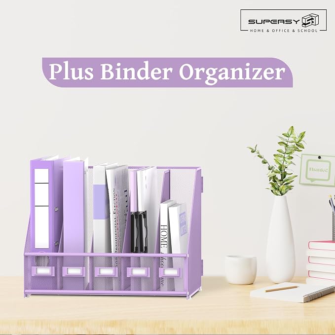 Desk Organizers Metal Desk Magazine File Holder with 5 Vertical Compartments Rack File Organizer for Office Desktop, Classroom, Home Workspace, Purple Plus