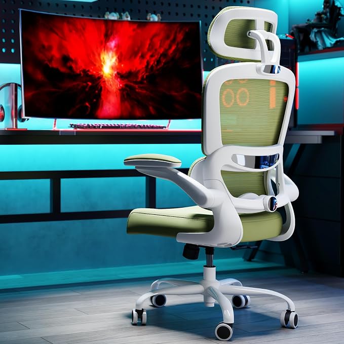 TRALT Office Chair Ergonomic Desk Chair - Gaming Chair with Lumbar Support | 330 LBS Home Office Desk Chairs with Headrest, Reading Chair with Flip-up Armrests, Comfortable Computer Chairs (1, Green)