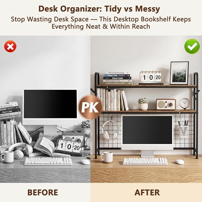 2-Tier Desktop Bookshelf Organizer, Dorm Desk Hutch with DIY Grid | Desktop Bookshelf Organizer With Metal Grid Panel, Desktop Bookshelf Organizer For Dorm, Office Or Home, Rustic Brown