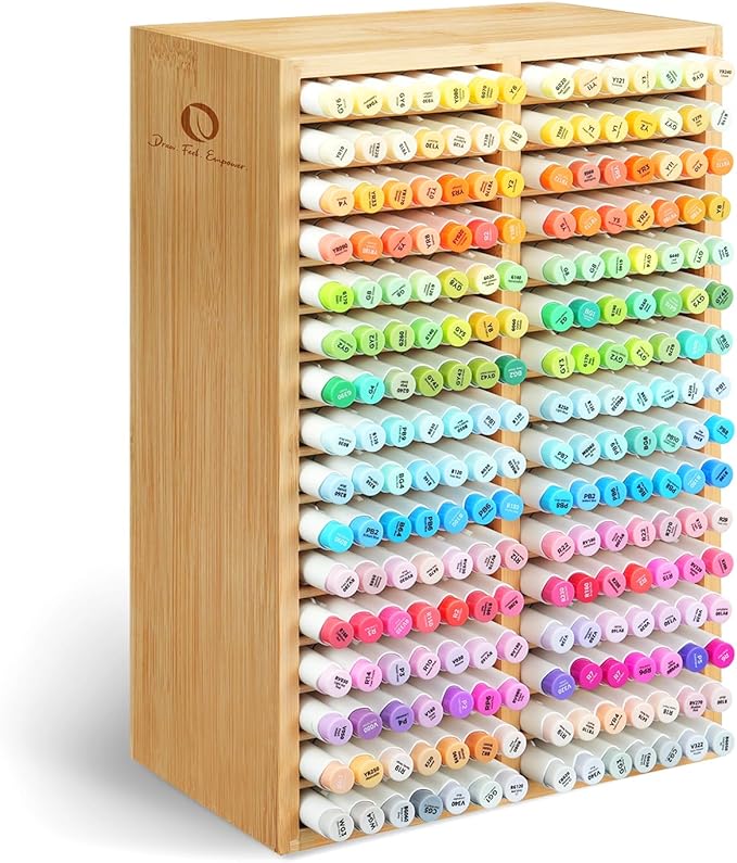 Ohuhu Bamboo Marker Organizer Hold 224 Markers for Honolulu Oahu Series | Markers Pens Pencils Stationary Organizer Holder Desktop Storage with 32 Compartments for Classroom Office Decor Home