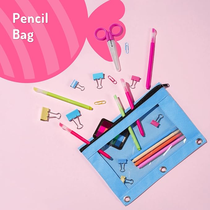 Forvencer Zippered Pencil Pouches, Premium Heavy-Duty Zippers Pencil Case | Aesthetic 3 Ring Pencil Case, Candy Colors, Cute Clear Top Binder Pouch, Colorful Zipper Pencil Bag for Girls Boys, Baby Blue