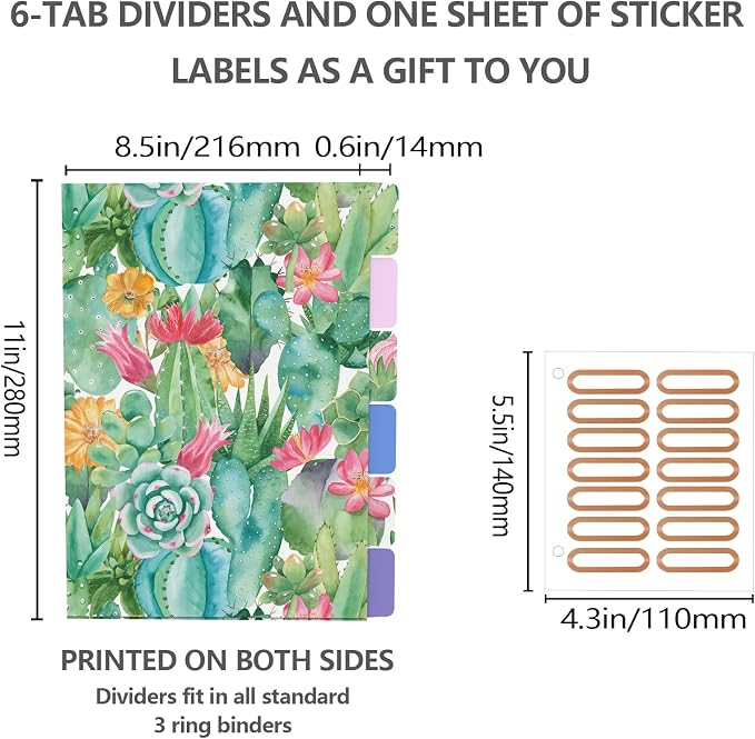 3 Ring Binder 1 Inch, Cute Round Ring Binders with 6 Tab Dividers, Labels Stickers, Low Profile Clipboard with Storage, Fashion Binder School Office Supplies(Cactus Flowers)