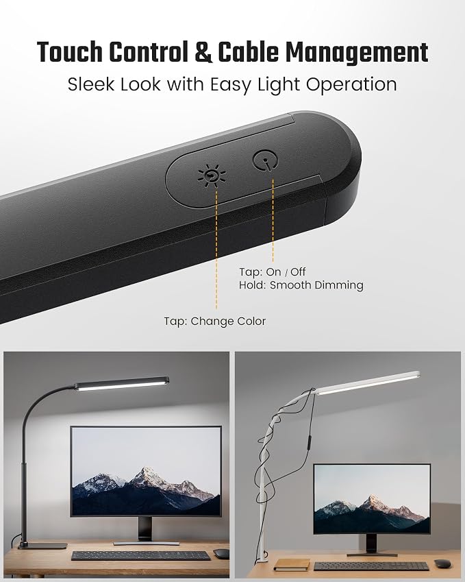 SUPERDANNY Eye-Caring LED Desk Lamp Work Lamp Office Lamp with Base | Black, Touch Control, 360° Flexible Gooseneck, 3 Modes Smooth Dimming, Memory Function, Adapter, Metal, for Home Office Dorm