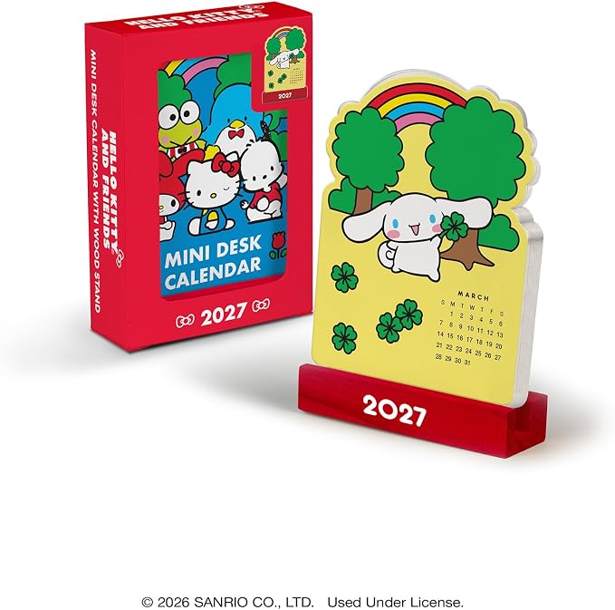 Orange Circle Studio Hello Kitty® and Friends 2027 Mini Desk Calendar with Wooden Stand, 12-Month Small Desktop Calendar, Full-Color Monthly Layouts, 300 GSM FSC-Certified Paper, Office Desk Decor