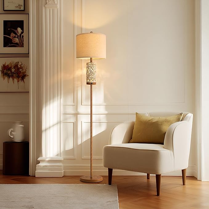 65" Floor Lamp with Night Light,Farmhouse Floor Lampfor Bedroom,Tall Floor Lamp for Living Room,Vintage Standing Lamp with Linen Shade,Boho Reading Lamp for Home Decor (Brown,Bulbs Included)