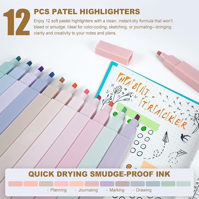 58 PCS Aesthetic School Supplies with Cute Pencil Case,12 Pastel Highlighters, 5 Gel Pens Black Ink，9 Mechanical Pencils for，Student Stationary，CollegeEssentials Gifts (Purple)