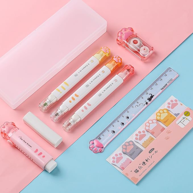 8 Pcs Cute Cat Paw Stationery Set Kawaii School Office Supplies Including Eraser Correction Tape Highlighters Sticky Notes Ruler for Cat Lovers Students (Pink)