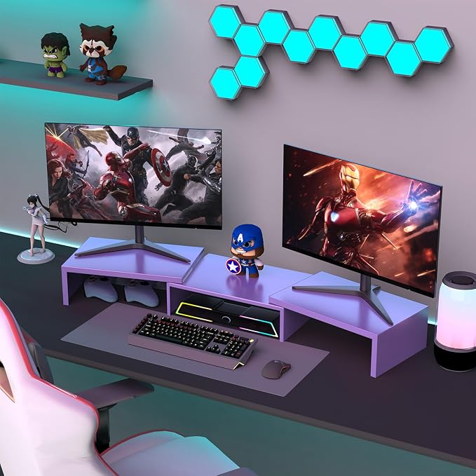 Dual Monitor Stand Riser | Monitor Stand for Desk, Metal Computer Stand, Desk Shelf Riser,Desktop Organizer for Home and Office Use (Purple)