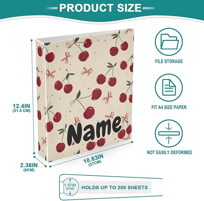 Custom 3 Ring Binder Retro Bow Cherry 1.5" Round Ring Binders Personalized Name View Binder with 200 Sheet for Kids School Supplies Women Men Office, 1 Pack
