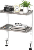 Clamp On Desk Shelf 2-Tier, Wood Shelving Unit for Office Desk/Gaming Accessories, Tabletop Book Storage Rack, Shelf for Top of Desk, Grey