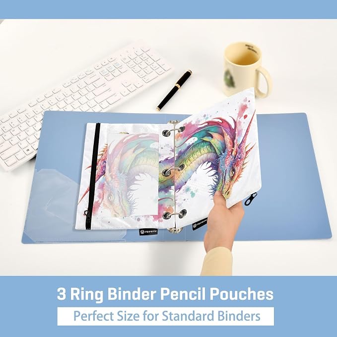 Watercolor Dragon Pencil Pouch for 3 Ring Binder, 2 Pack Waterproof Pencil Bags Clear Window Zipper School Office Supplies