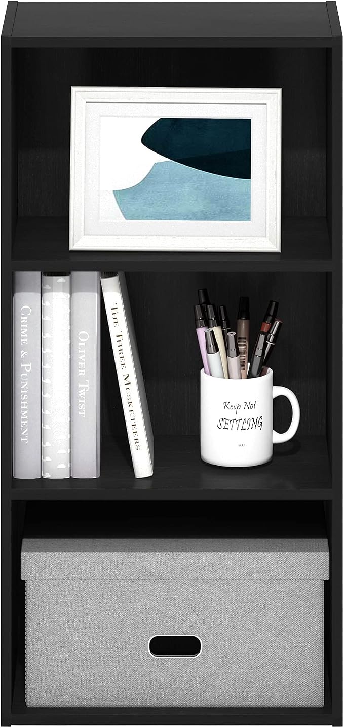 Furinno LUDER 3-Tier Book Shelf, Open Shelves Bookshelf, Blackwood | 9 x 16 x 31.4, Closed Back, Modern Bookcase, for Living Room, Bedroom, Home Office