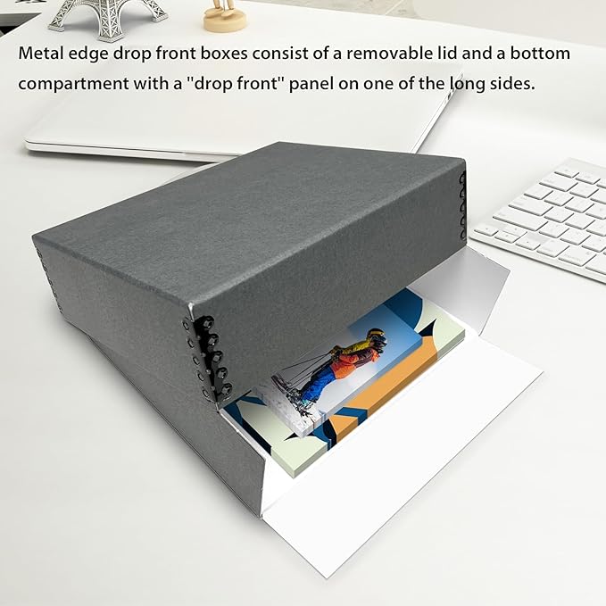 Lineco Museum Archival Storage Box, 8.75x10.75x3 in. Drop Front Design. Acid-Free with Metal Edge. Organize Photos, Pictures, Prints, Documents, Crafts, DIY. Gray, 2 Pack