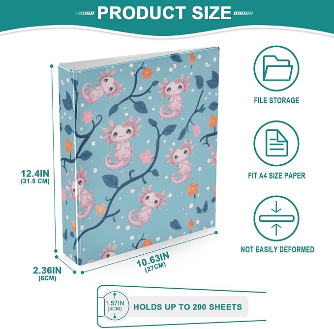 Cute Pink Axolotl Round Ring Binders 1.5 Inch Aquatic Plant Amphibian Blue 3 Ring Clipboard Binder for Office School Work Supplies File Folder 200 Sheet Capacity 2 Pieces