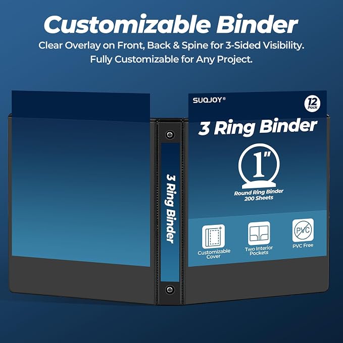SUQJOY 1 Inch 3 Ring Binders 12 Pack, Clear View Binder Bulk, Black PVC-Free 3-Ring Binders for School, Office or Home, Fits 8.5 x 11 Inches Paper