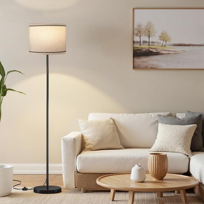 60'' Modern Floor Lamp with Shade, Tall Lamps for Living Room, Bedroom, Office, Dining Room, Beige Lampshade with Black Stripes(Without Bulb)