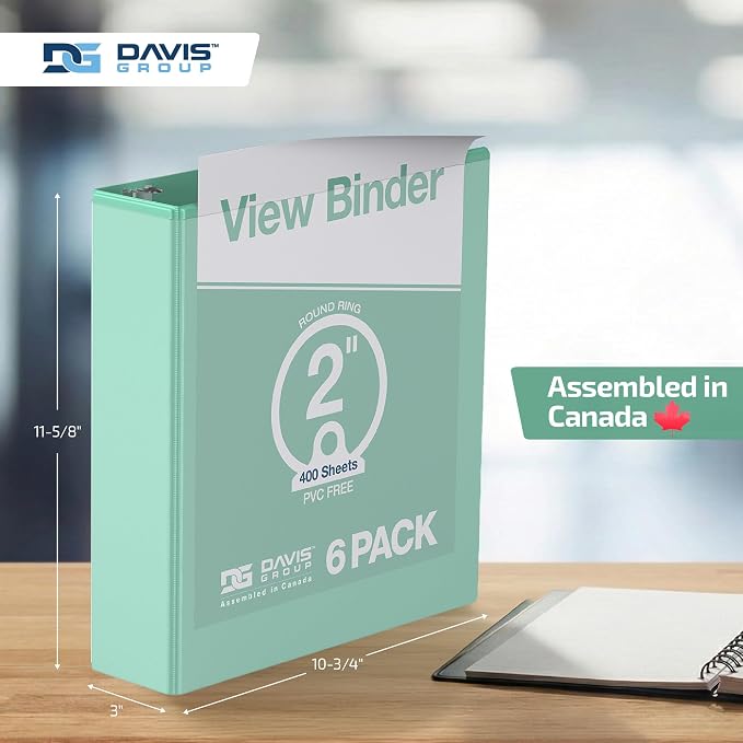 Pack of 6 Premium View Binders, Ring Binders with Clear-View Cover and Interior Pockets, Pastel Color Options, 2 Inch, Mint